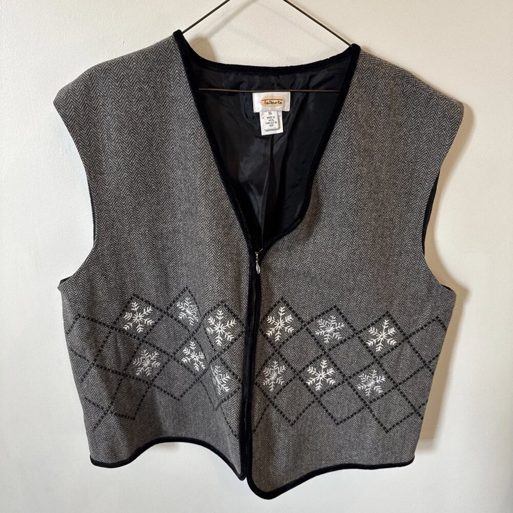 Talbots Womens XL Wool Blend Snowflake Lined Vest Herringbone Grey Black Vintage